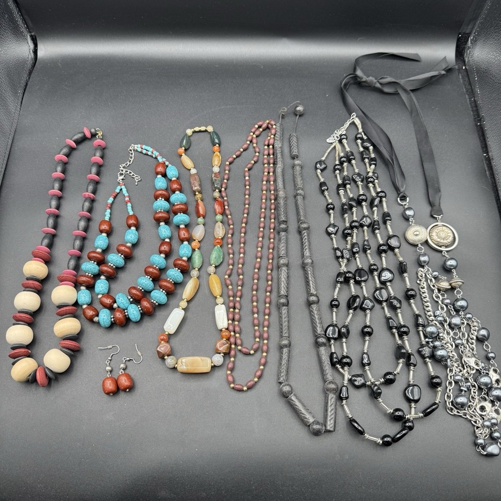 Lot of 7 Vintage Beaded Wood Stone Necklaces Costume Jewelry Necklaces